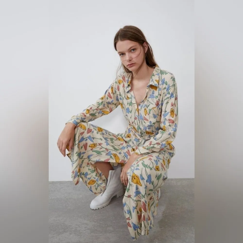 Zara Floral Button Up Collard Long Sleeve Midi Dress Size XS - Image 4