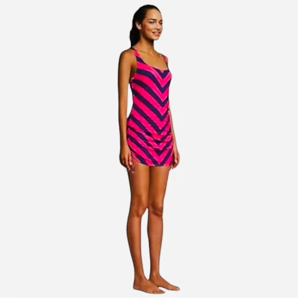 Lands' End Chlorine Resistant Adjustable Swim Dress Deep Sea Navy/hot Pink Sz 12 - Image 3