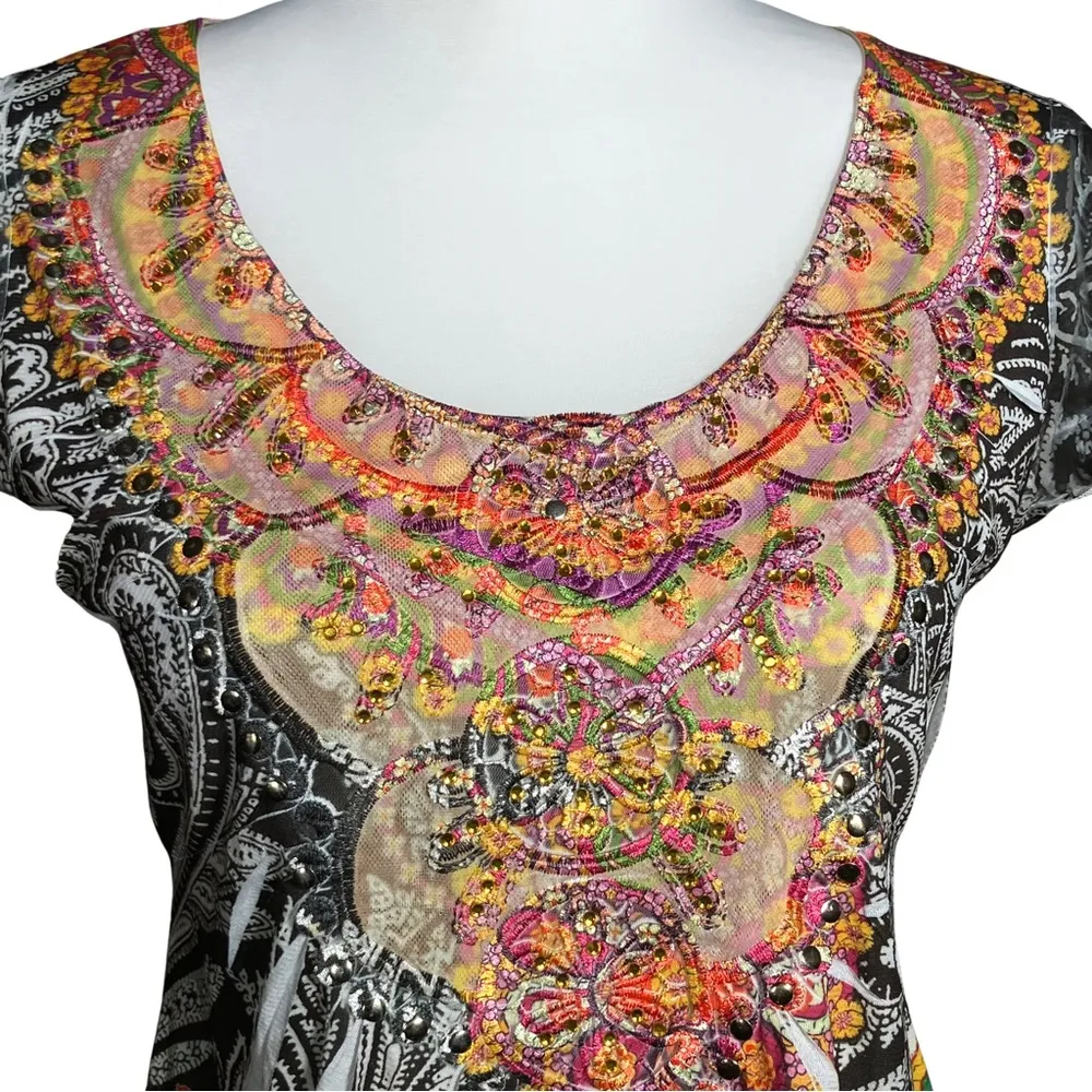 Y2K Multicolor Embellished Paisley Going Out Top. Sz S Burnout Hippie Boho Retro Orange - Image 8