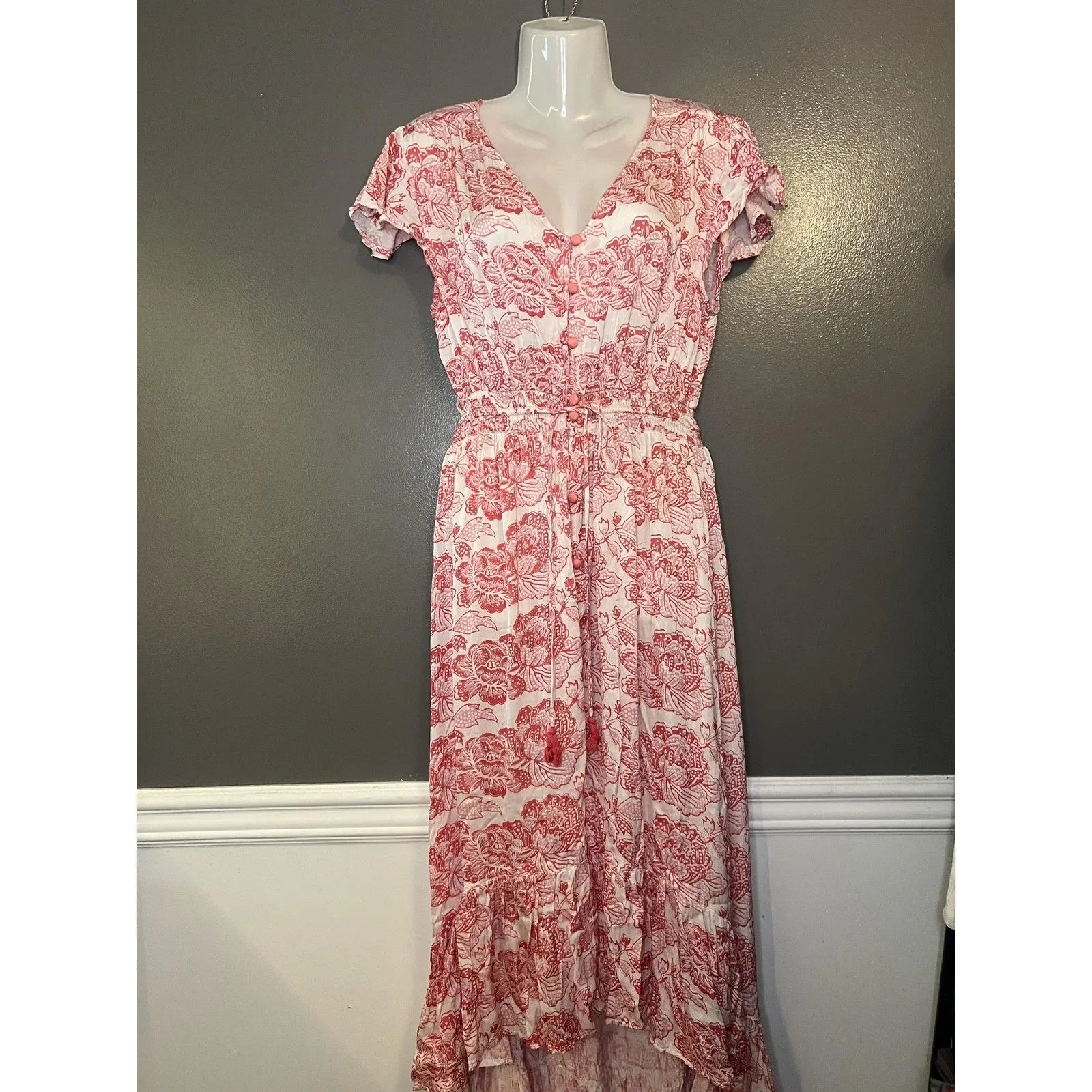 Alamwar Dress Womens Large White Red Floral V Neck Maxi Boho Tassel Tiered - Image 2