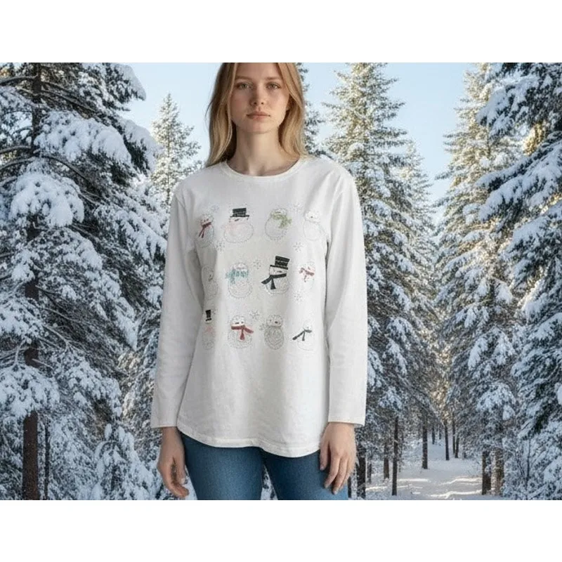 Christopher & Banks Top SZ SM White Christmas Snowmen Sequins Winter Wonderland - Image 2