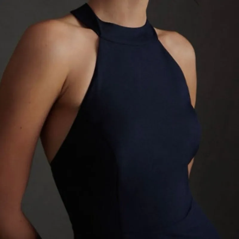 BHLDN Lennox High Neck Side Slit Stretch Crepe Maxi Dress Navy Blue Size 2 - Image 15