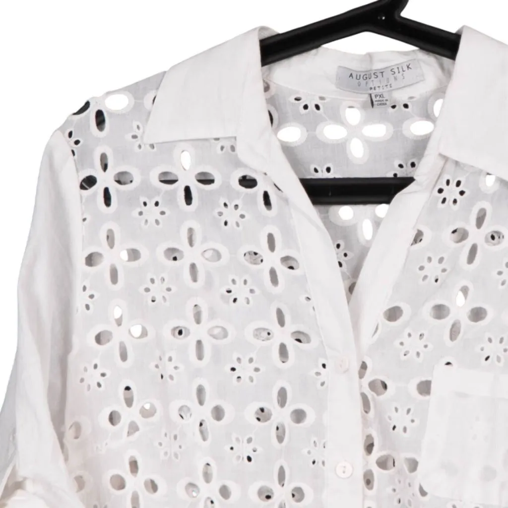 August Silk Options Button Up Eyelet Shirt PXL Womens White Petite Floral Design - Image 2