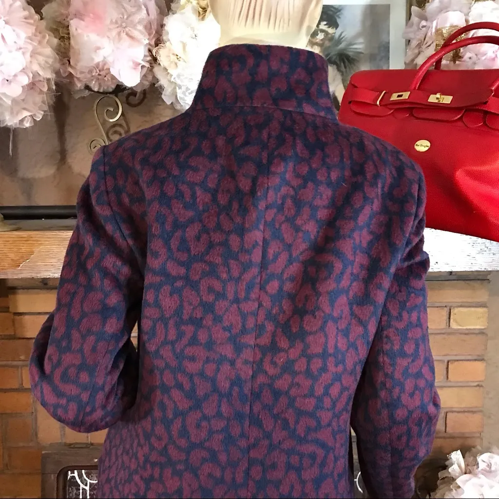 LOFT NAVY BLUE AND MAROON LEOPARD PRINT WOOL BLEND COAT (M) - Image 9