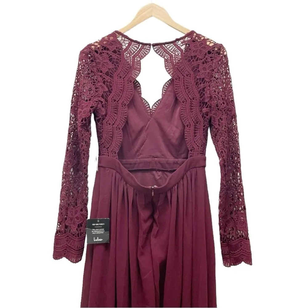 NWT Lulus Awaken My Love Burgundy Long Sleeve Lace Maxi Dress Size Medium NEW - Image 6