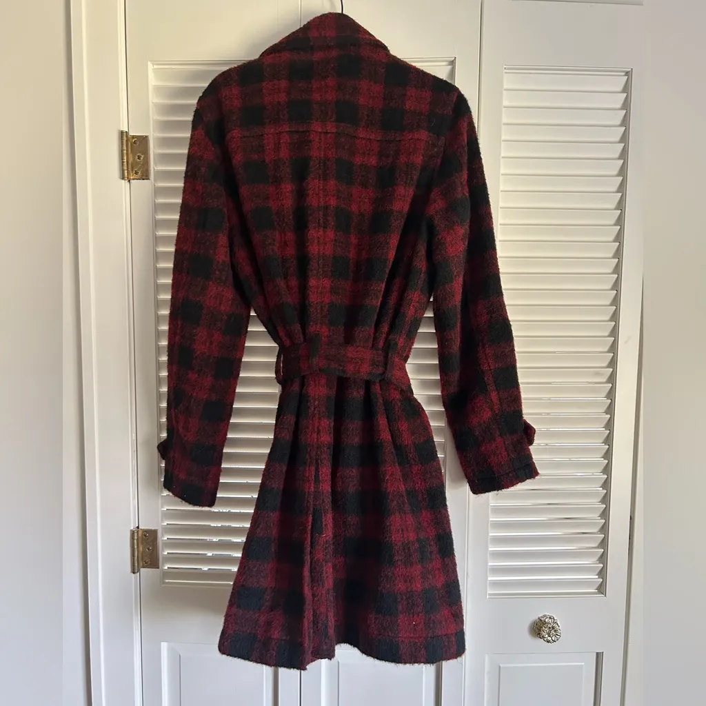 VTG L.L. Bean Alpaca Wool Blend Plaid Barn Red And Black Belted Collared Medium - Image 5