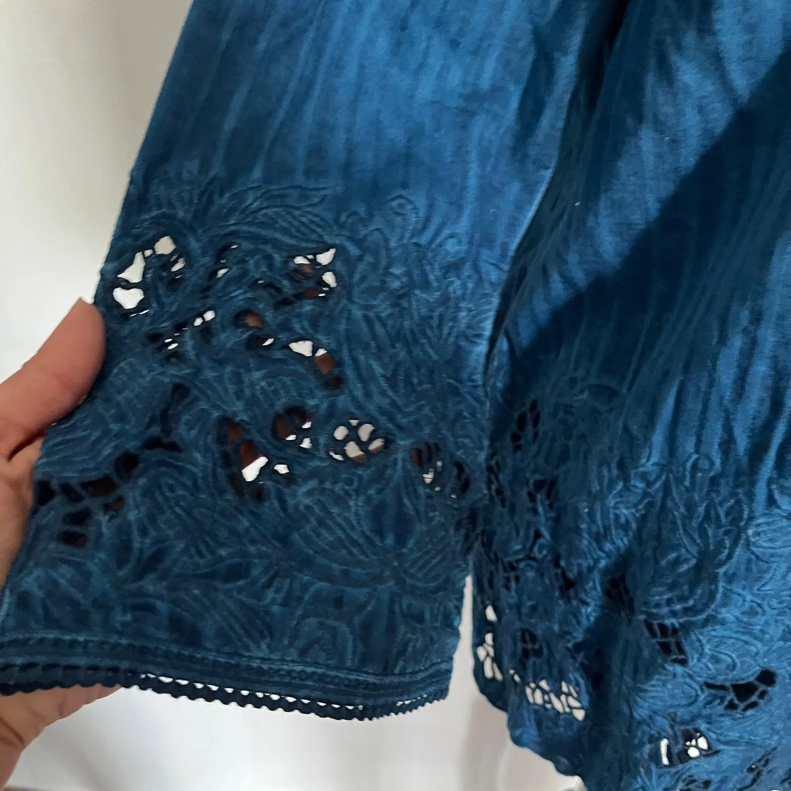 Soft Surroundings Esme Embroidered 2 Pc Womens Top Sz M Lace Granny Boho Lagom Blue Size M - Image 4