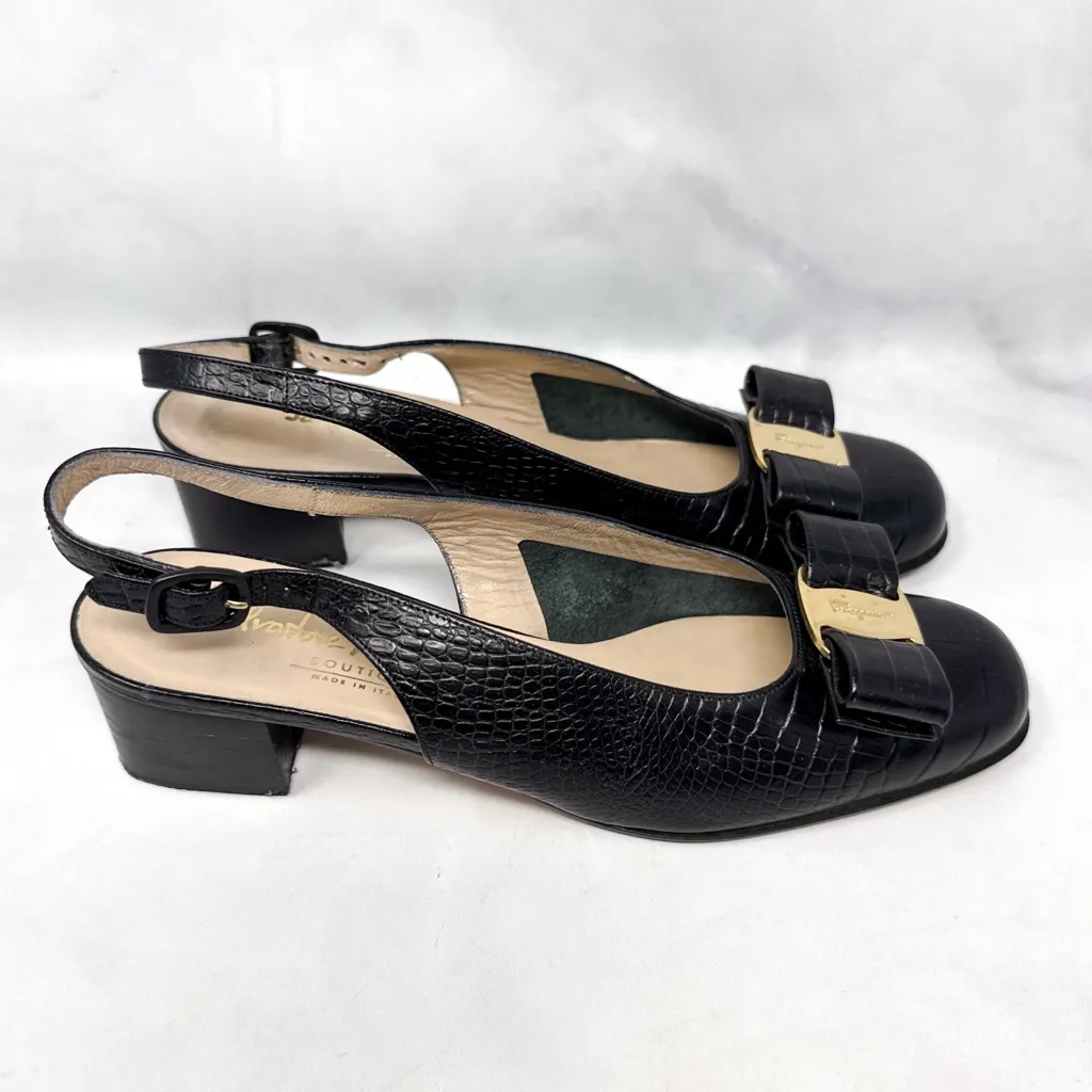 Salvatore Ferragamo Bow Embellished Croc Leather Slingback Low Heels Black 6 - Image 3
