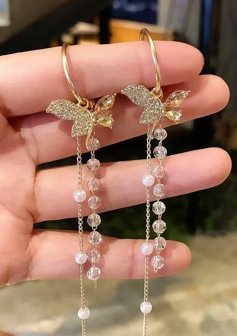 Gold Butterfly Crystal Pearl Long Tassel Dangle Drop Earrings for Women - Image 5