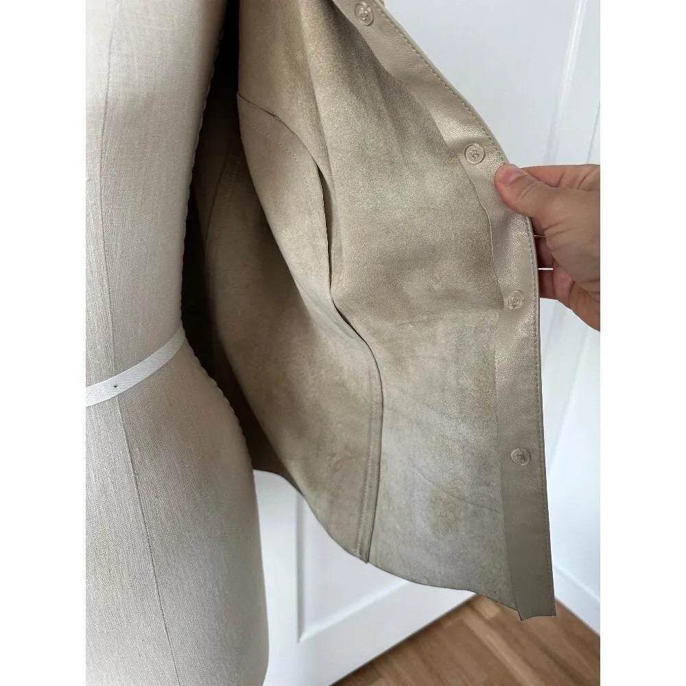 Express Vintage Leather Jacket Button Up Collared Tan Minimalist S 90s‎ Y2K - Image 6