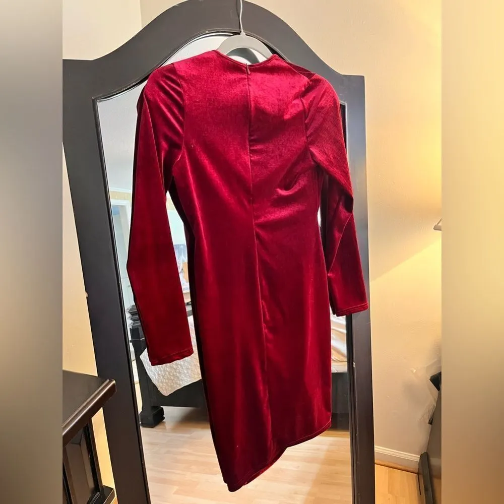Velvet Dress Wrap V Neck L/S Ruched Midi Dresses Cocktail Evening Party M Red Size L - Image 2
