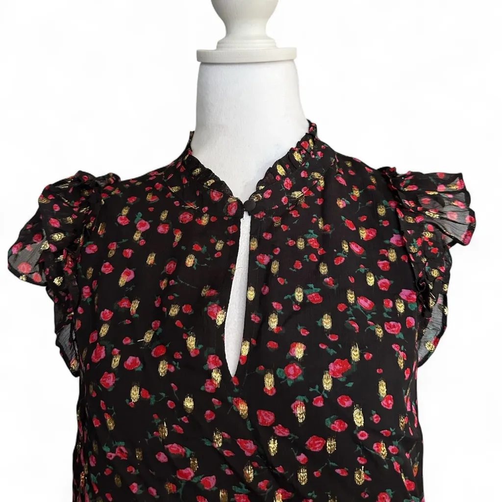 J.Crew Ruffleneck Flutter-Sleeve Top Red Black SZ XS Key Hole Button - Image 4