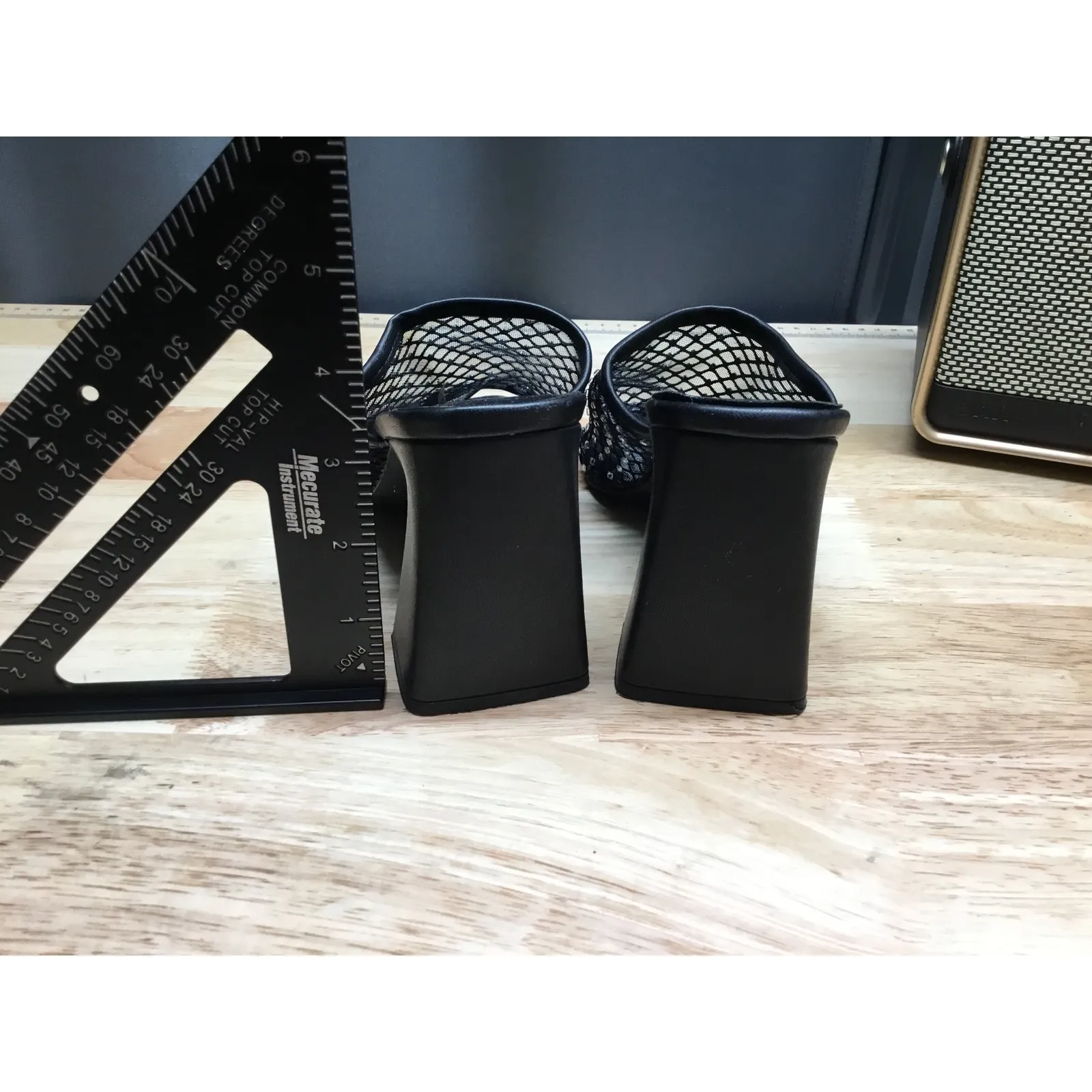 Open Edit Slide Sandals Women's 7 Black Mesh Rhinestones High Block Heels Preppy - Image 3