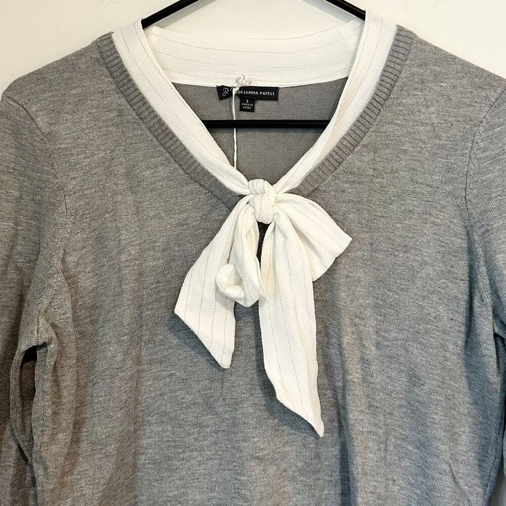 NWT Adrianna Papell Heather Gray Silver Lurex Sweater Faux Button Up Bow Detail - Image 2