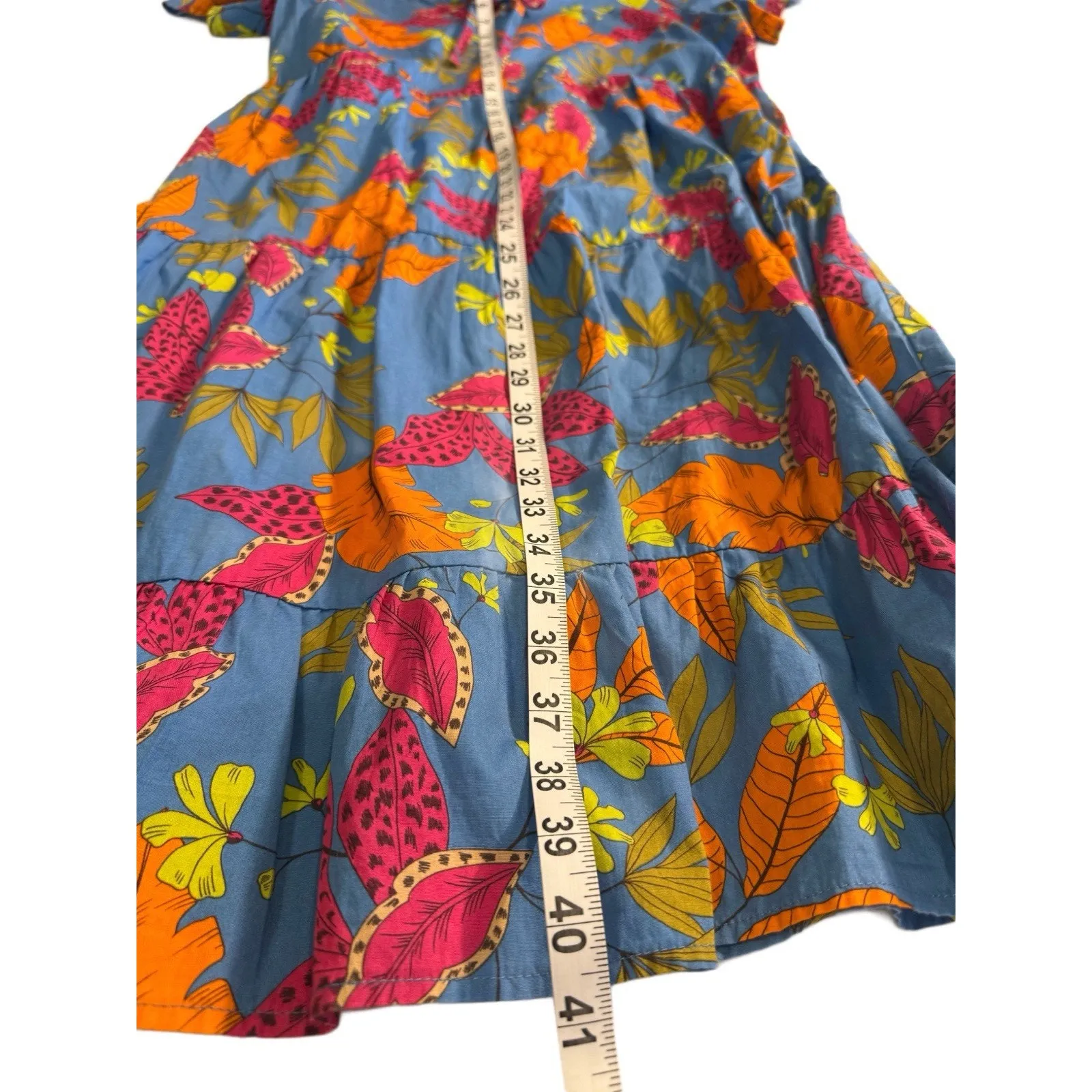 Tropical Scenario Cotton Midi Dress/‎ Made In Italy, Floral, Tiered, Boho Sz Lg Blue - Image 3