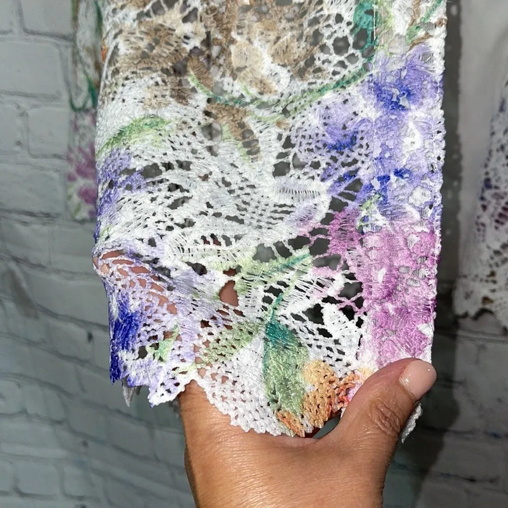 Delicate Floral Open Front Blouse W/ Attached Tank and Jeweled Necklace Ensemble - Image 4