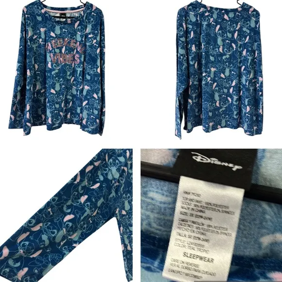 Disney Stitch Womens Pajama Loungewear Long Sleeve Weekend Vibes Velour Top 3X - Image 2