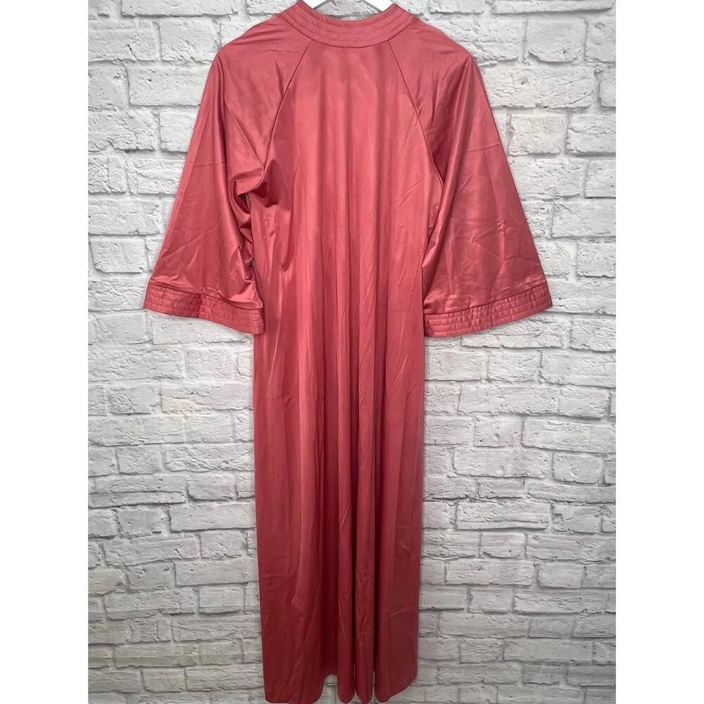 Vintage 70s Gilead Mauve Pink Maxi Gown 1/2 Zip Size S Satin House Dress 55" - Image 7