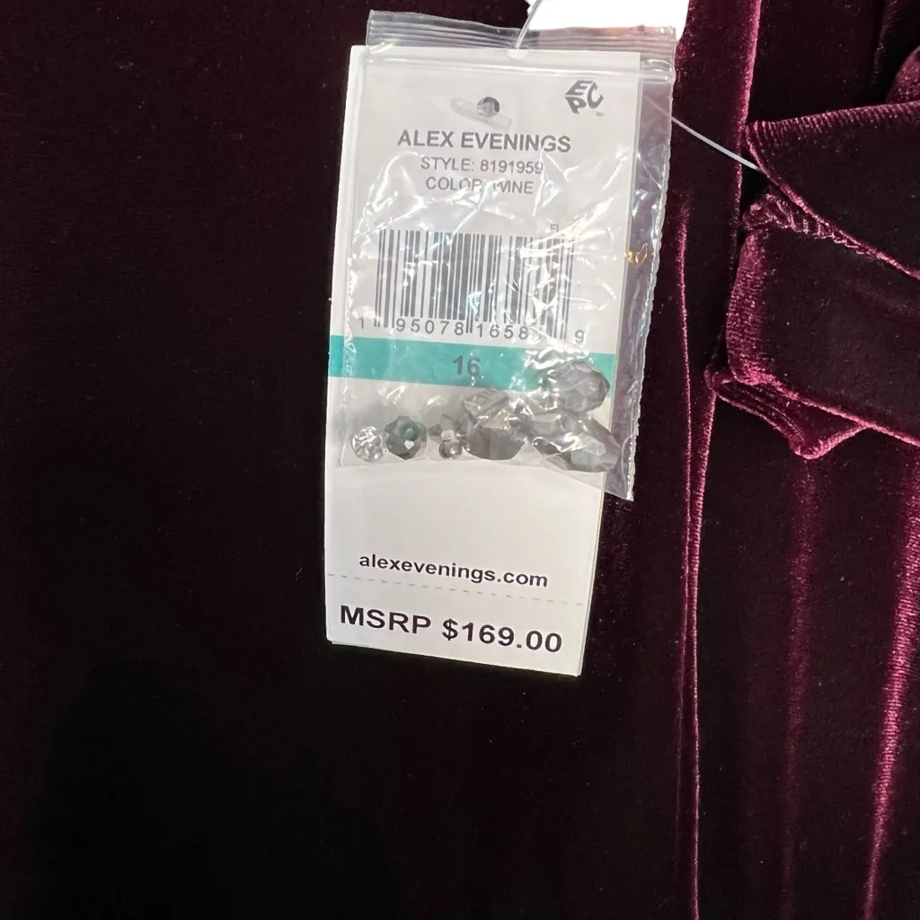 Alex Evenings Velvet Women’s Dress Size 16 Ruched Embellishment Wine NWT - Image 7