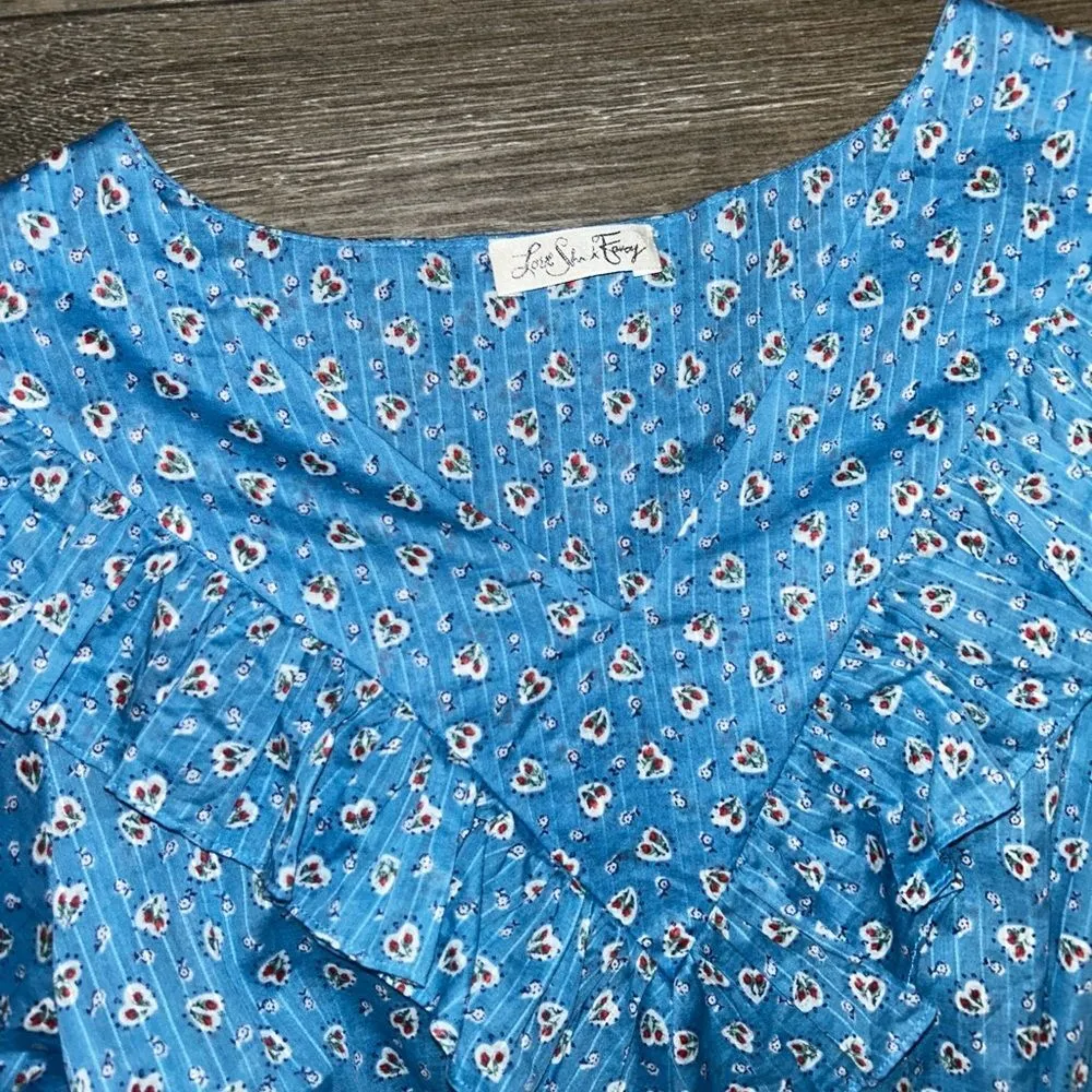 Rare LoveShackFancy Fancy Cottagecore Blue Heart Rose Printed Cotton Midi Dress - Image 4