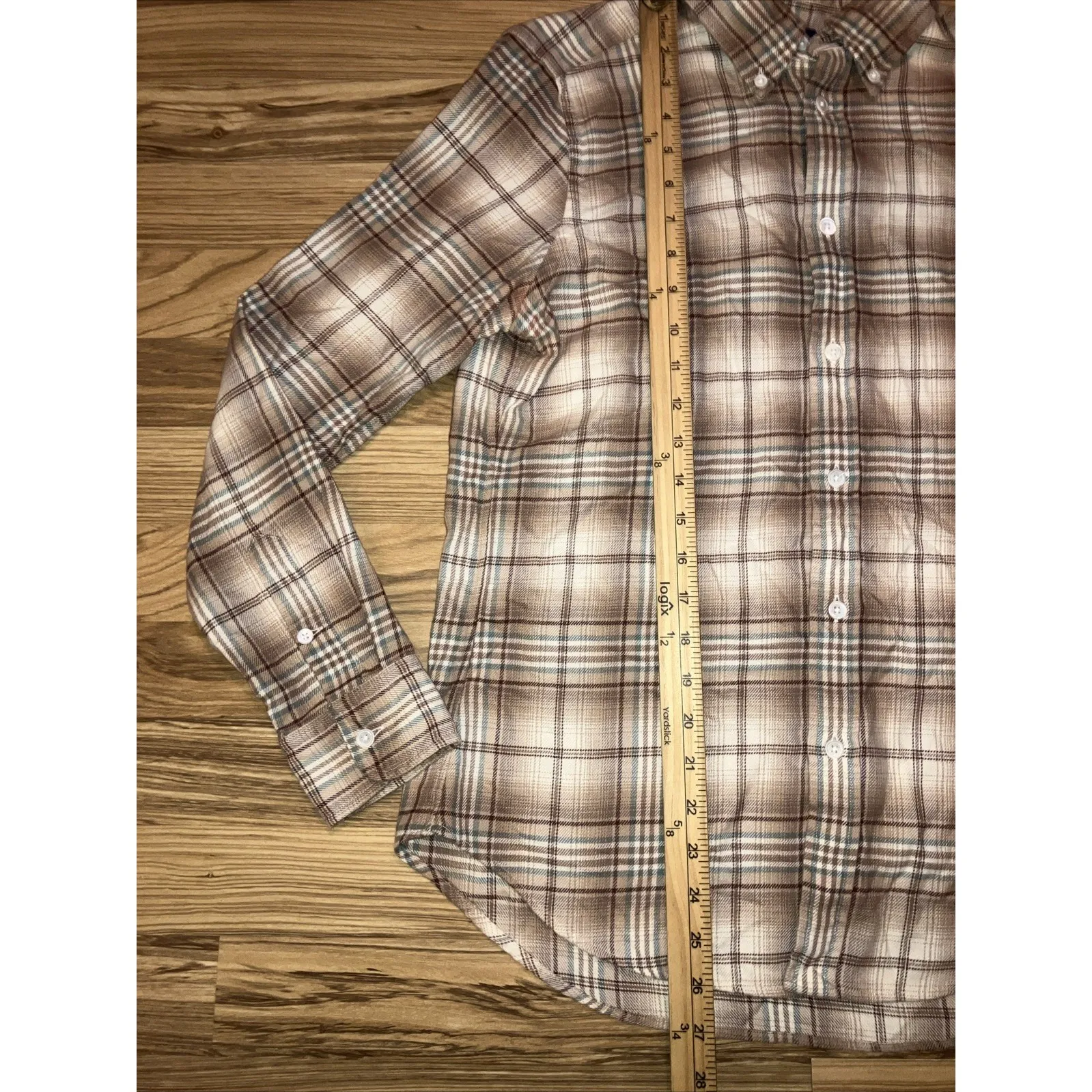 Polo Ralph Lauren Flannel Shirt Top Women Medium Beige Brown Plaid Pony‎ Preppy - Image 3