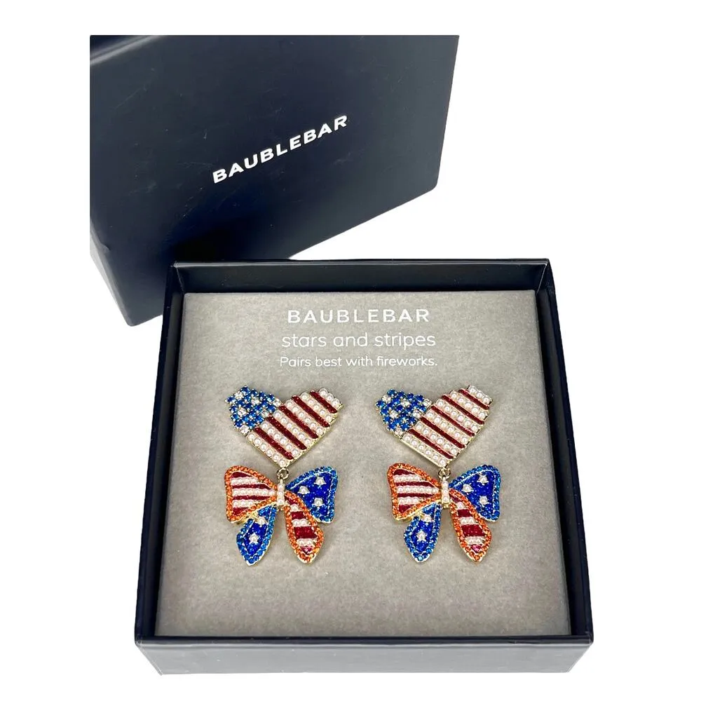 NEW BaubleBar Patriotic EARRINGS Dangle Drop Red White & Blue Bows Hearts Pearls - Image 6