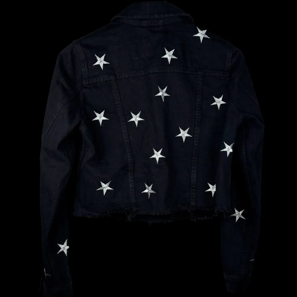 PISTOLA Brando Star‑Embroidered Denim Jacket S Black Raw Hem Silver Stars - Image 8
