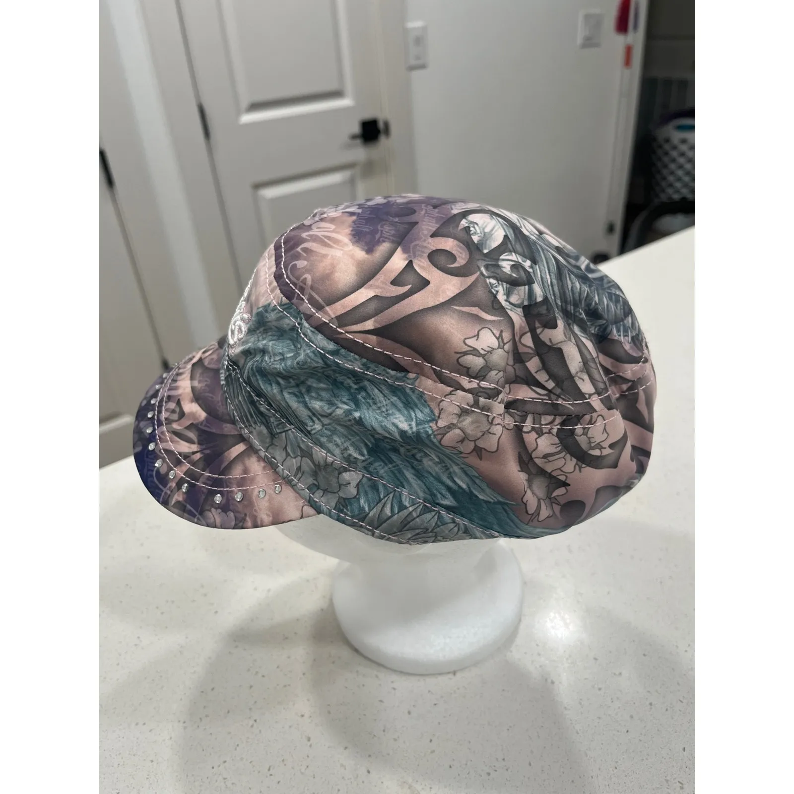 Sturgis Motorcycle Rally Womens Army Cap Bling Rhinestones Tattoo Print Purple - Image 8