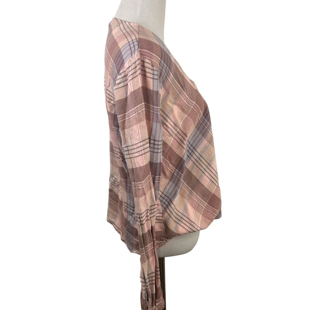 Splendid Wrap Plaid Surplice High Low Long Sleeve Blouse Size Large - Image 3