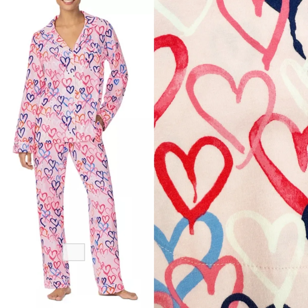 BedHead Pajamas Hearts Organic Cotton Two (2) Piece Pajama PJ Set Pink Size XS - Image 2