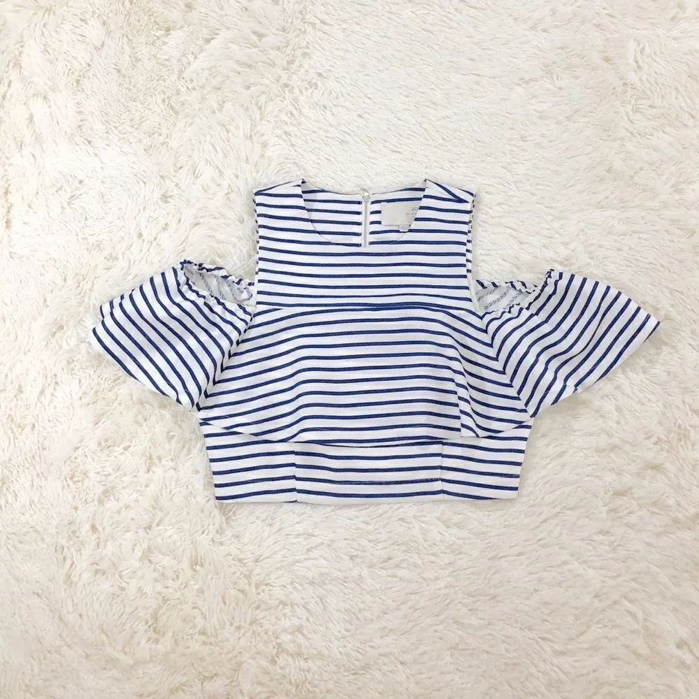 JOA white blue striped croptop cold shoulder Large - Image 2