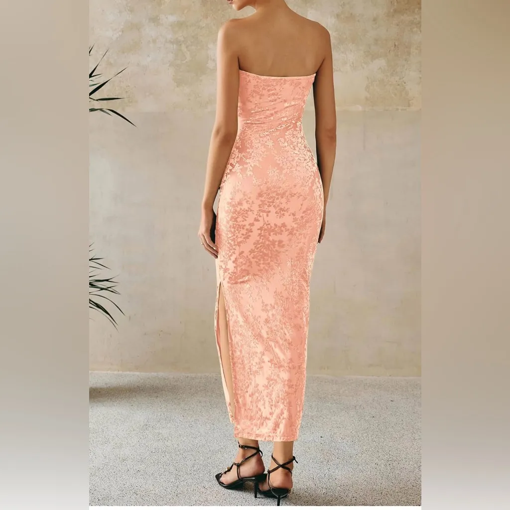 NEW Velvet Maxi Tube Strapless Side Slit Floral Bodycon Cocktail Dress L Orange Size L - Image 4