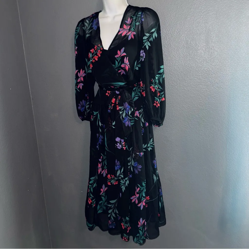 Calvin Klein Long Sleeve Black Floral Midi Dress Womens XS - Small 2 - Image 3