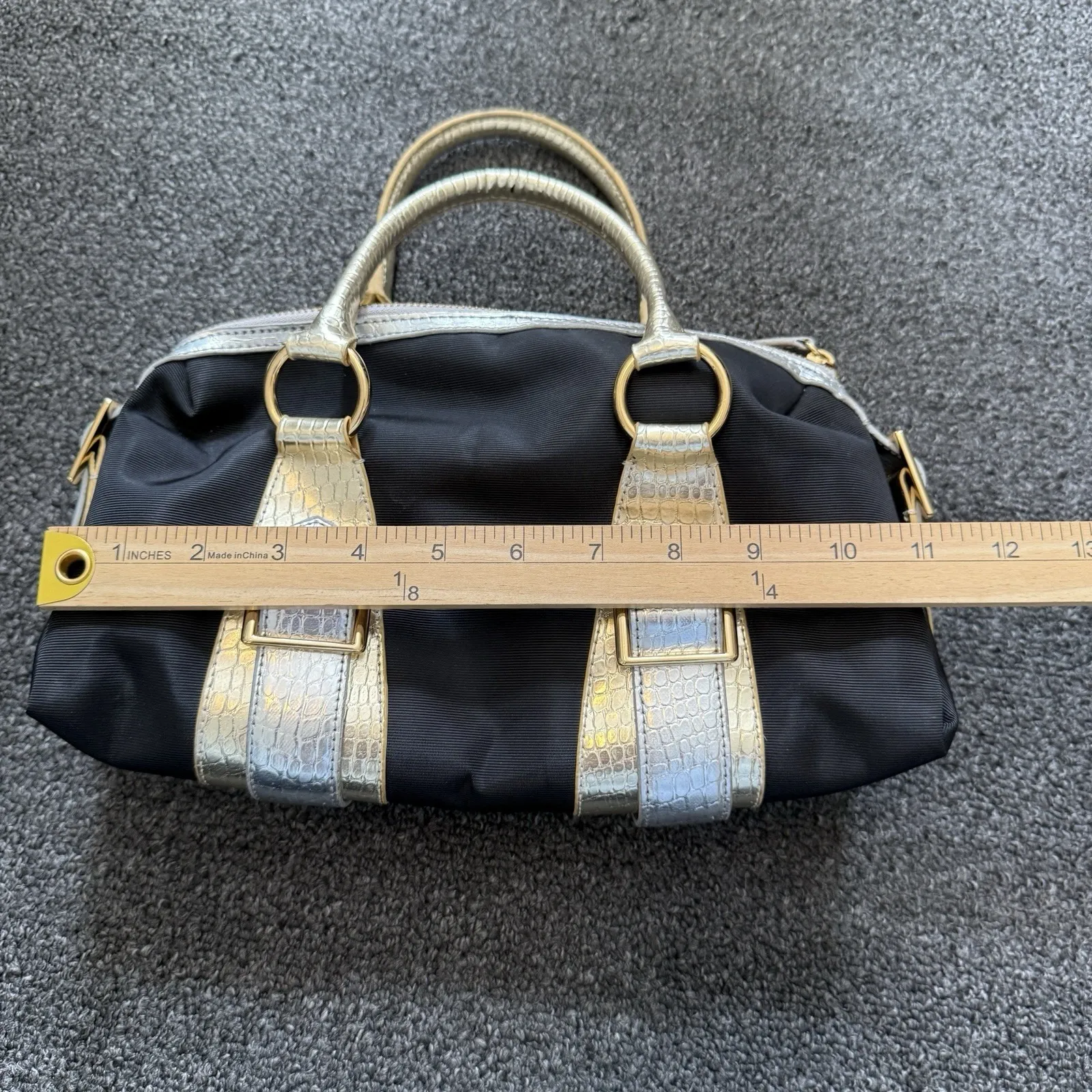 Y2K‎ BCBG Paris Satchel Purse Black Nylon Gold Croc Leather Trim Tote Handbag - Image 8