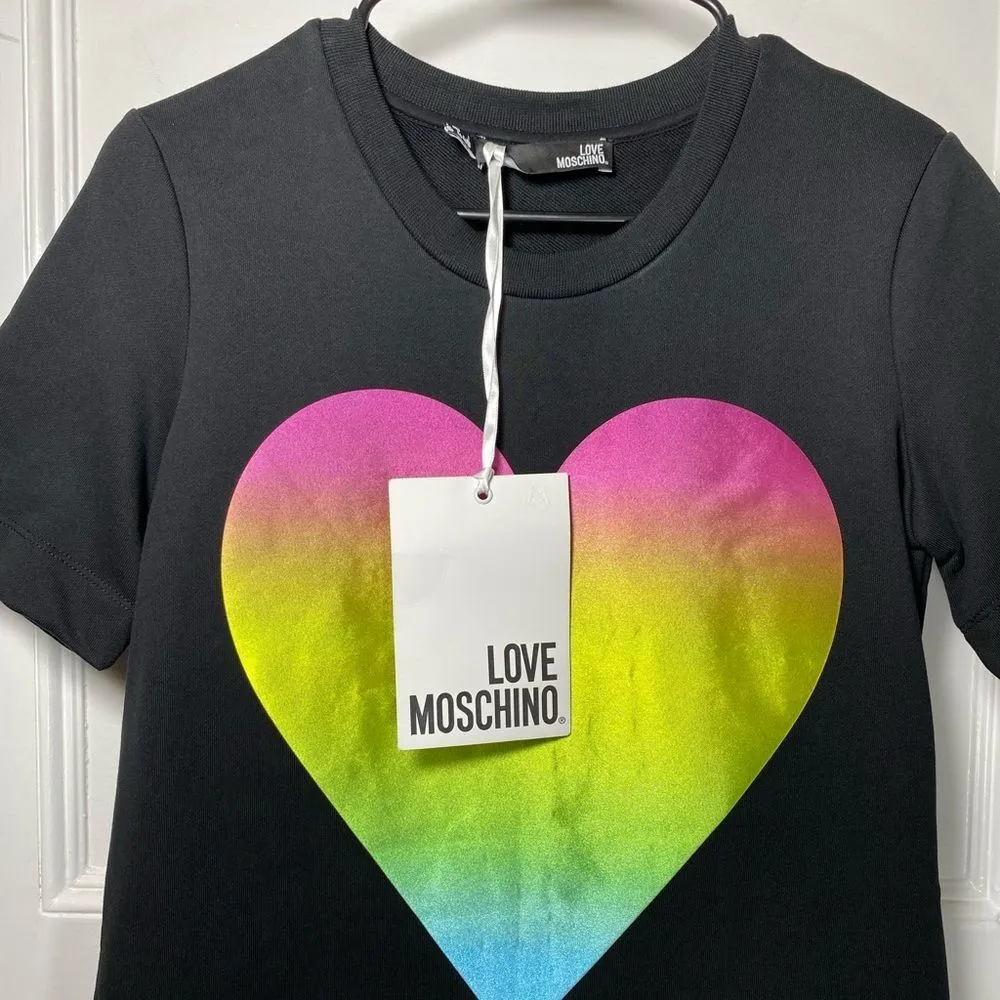 Love Moschino NEW Multicolor Ombre Heart Print Mini T-Shirt Dress Black Sz 4 - Image 6