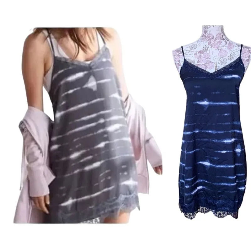 AERIE *Midnight BLUE* Satin Tie Dye Chemise  Lace Trim Cami Mini Slip Dress - Image 2