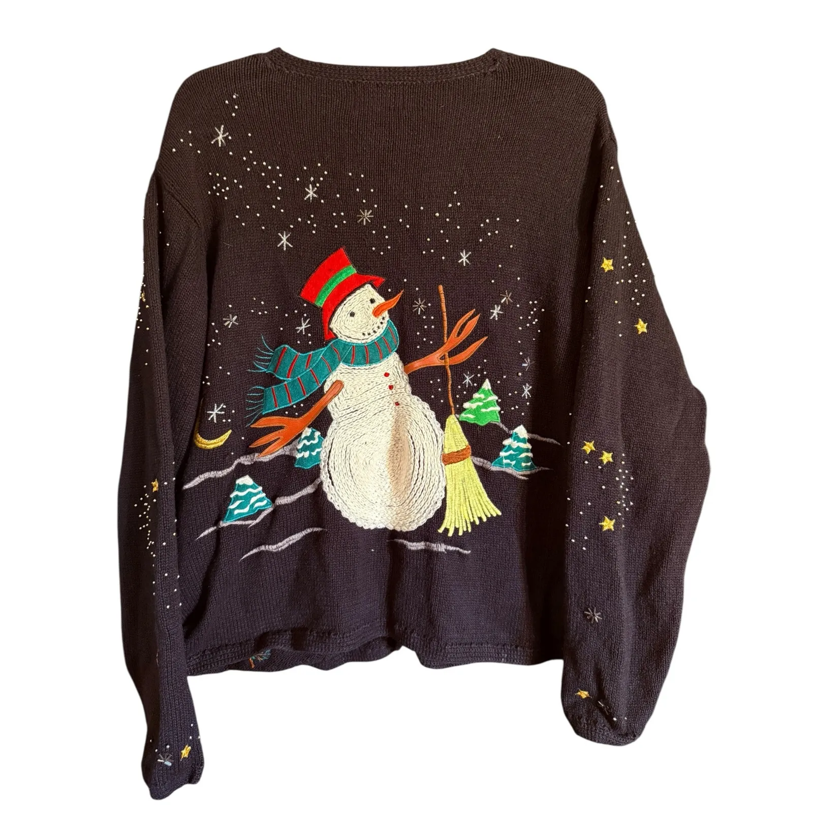 Vtg Designers Studio Ho Ho Ho Embellished Snowman Christmas Sweater Size Large Black - Image 4