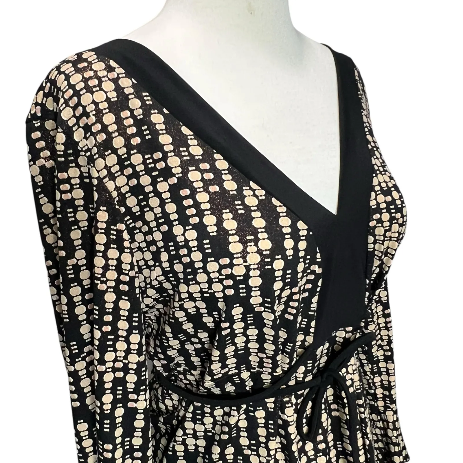 JTB Y2K Top Womens L Black Tan Geometric Shimmer Stretch Blouse Boho Chic Retro Size L - Image 3