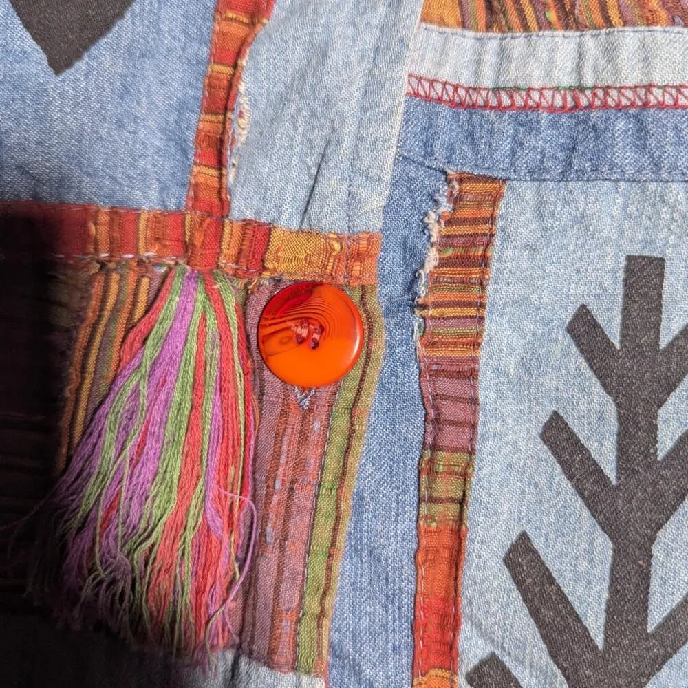 Vtg Y2K Parsley & Sage Boho Denim Rust Orange Patchwork Collarless Jacket Sz M Blue Size M - Image 3