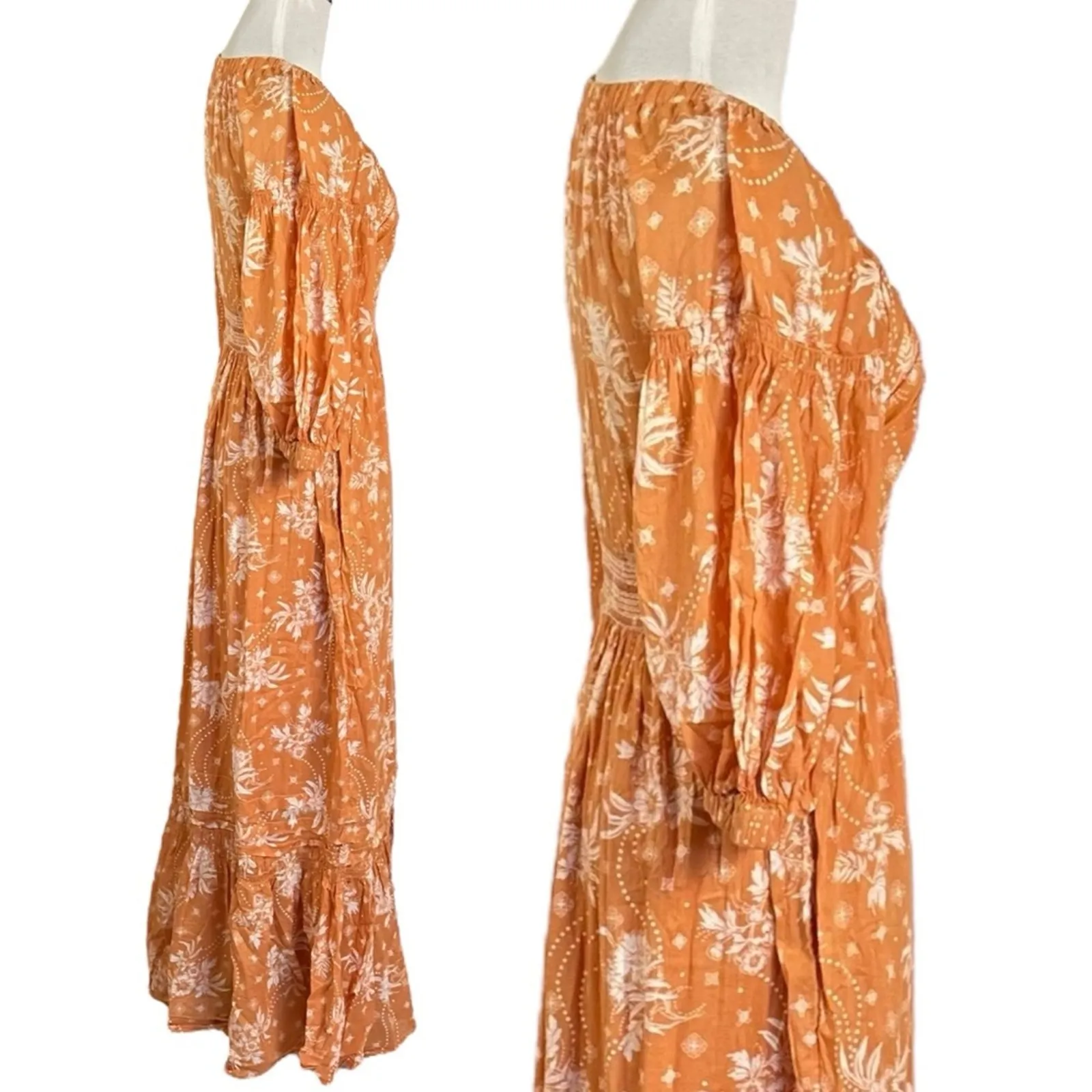 Free People Golden Hour Maxi Dress Bohemian Floral Dainty Tan Neutral Large - Image 8