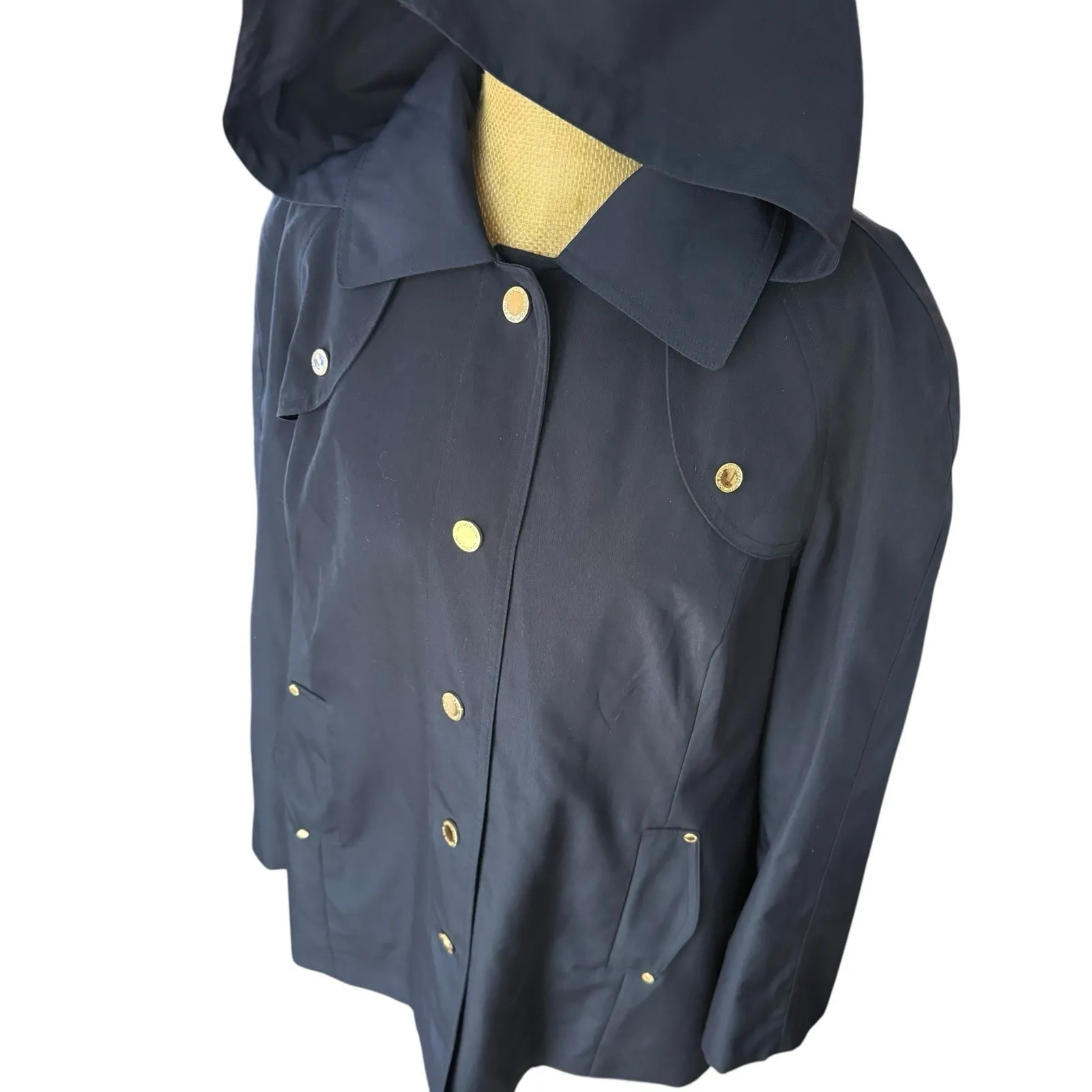 London Fog Water Resistant Navy Gold Accents Hooded Trench‎ Coat Medium - Image 5
