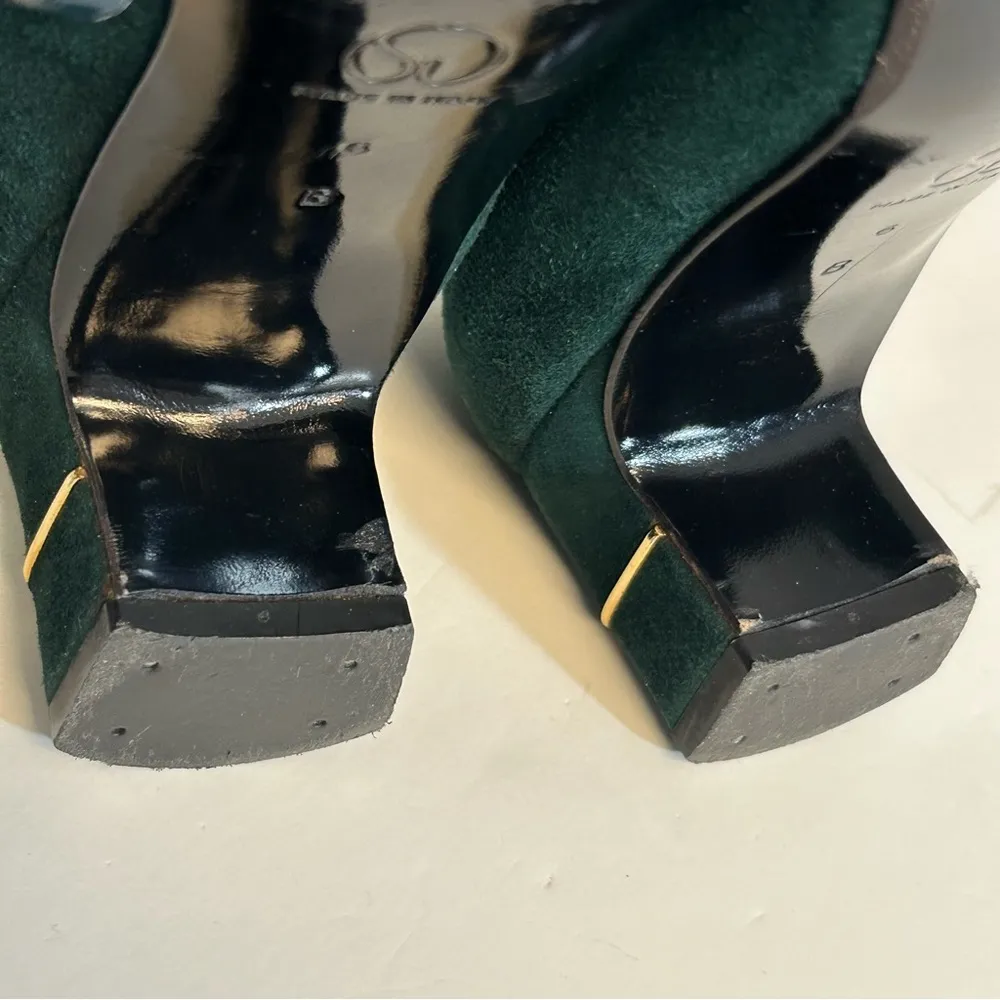 St John Vintage Green and Gold Low Suede Heels Size 6 - Image 11