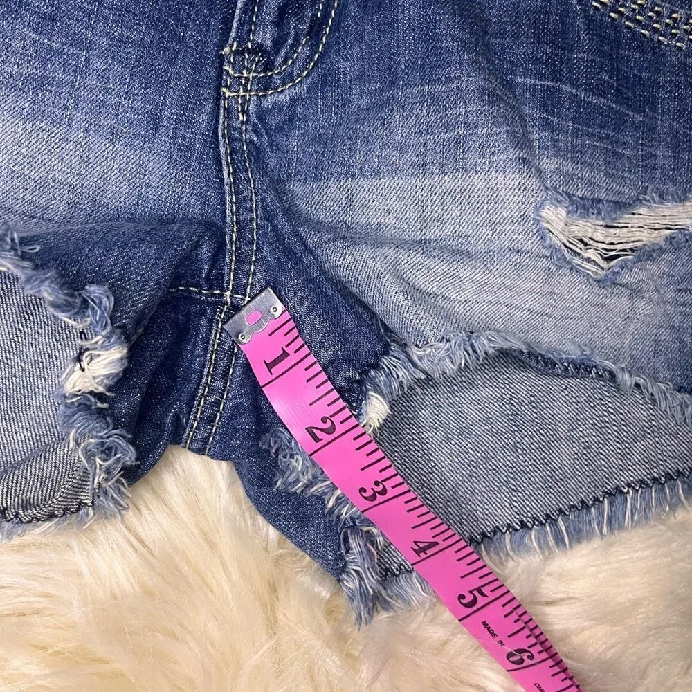 Express distressed studded red thread frayed hem shorts sz 2 - Image 7