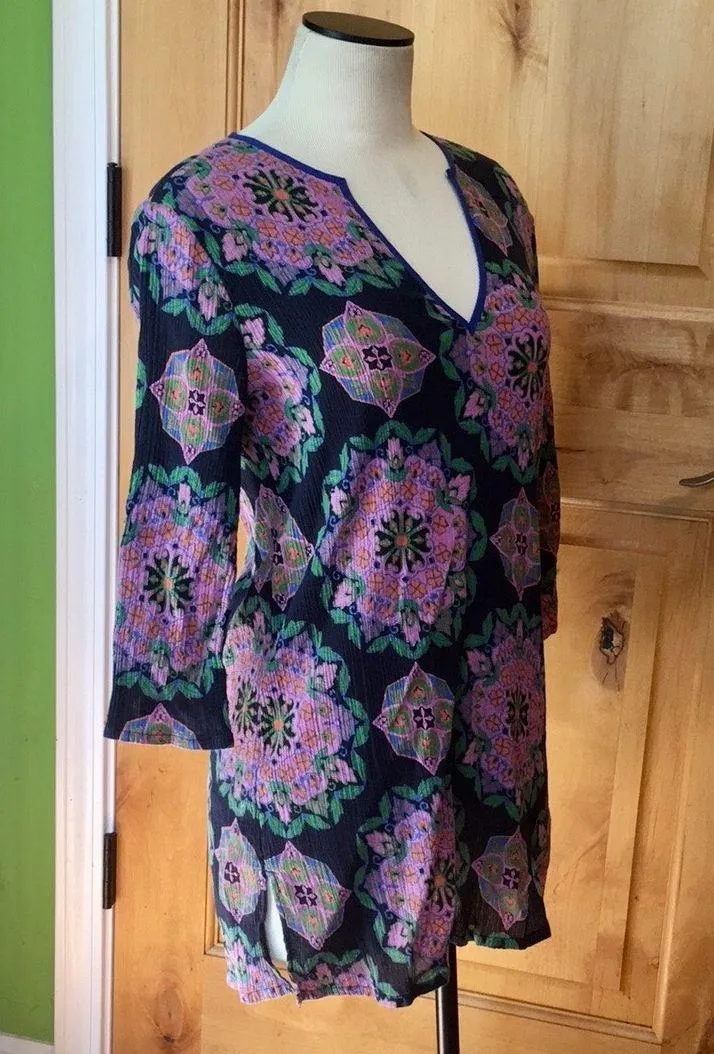 J CREW Navy Multi Mandala Basket 3/4-Slv Tunic Top EUC XS - Image 3