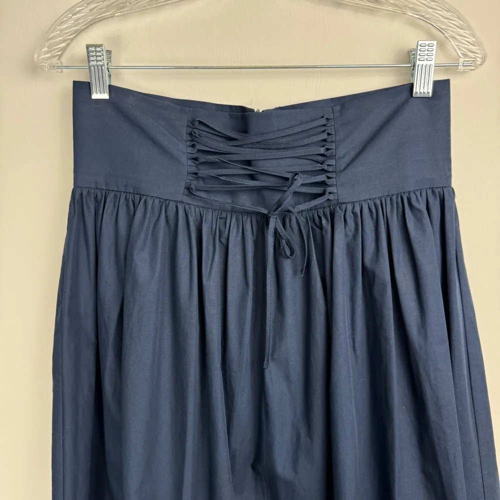 Zara Corset Lace Up Waist Midi Skirt Sz Medium Navy Blue Poplin Cotton - Image 9