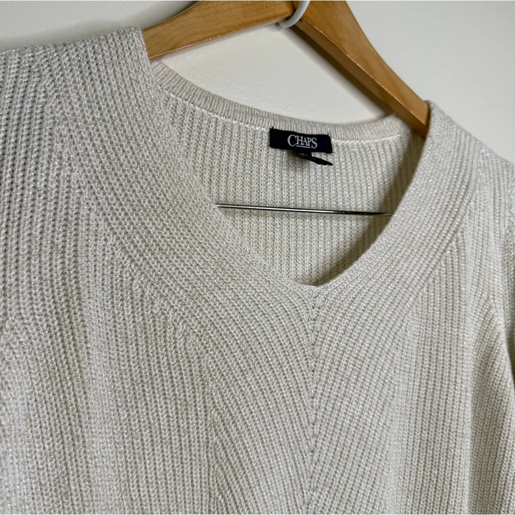 Chaps Pine Lodge Cream Sweater Women’s Size Large V Neck Metallic Thread - Image 3