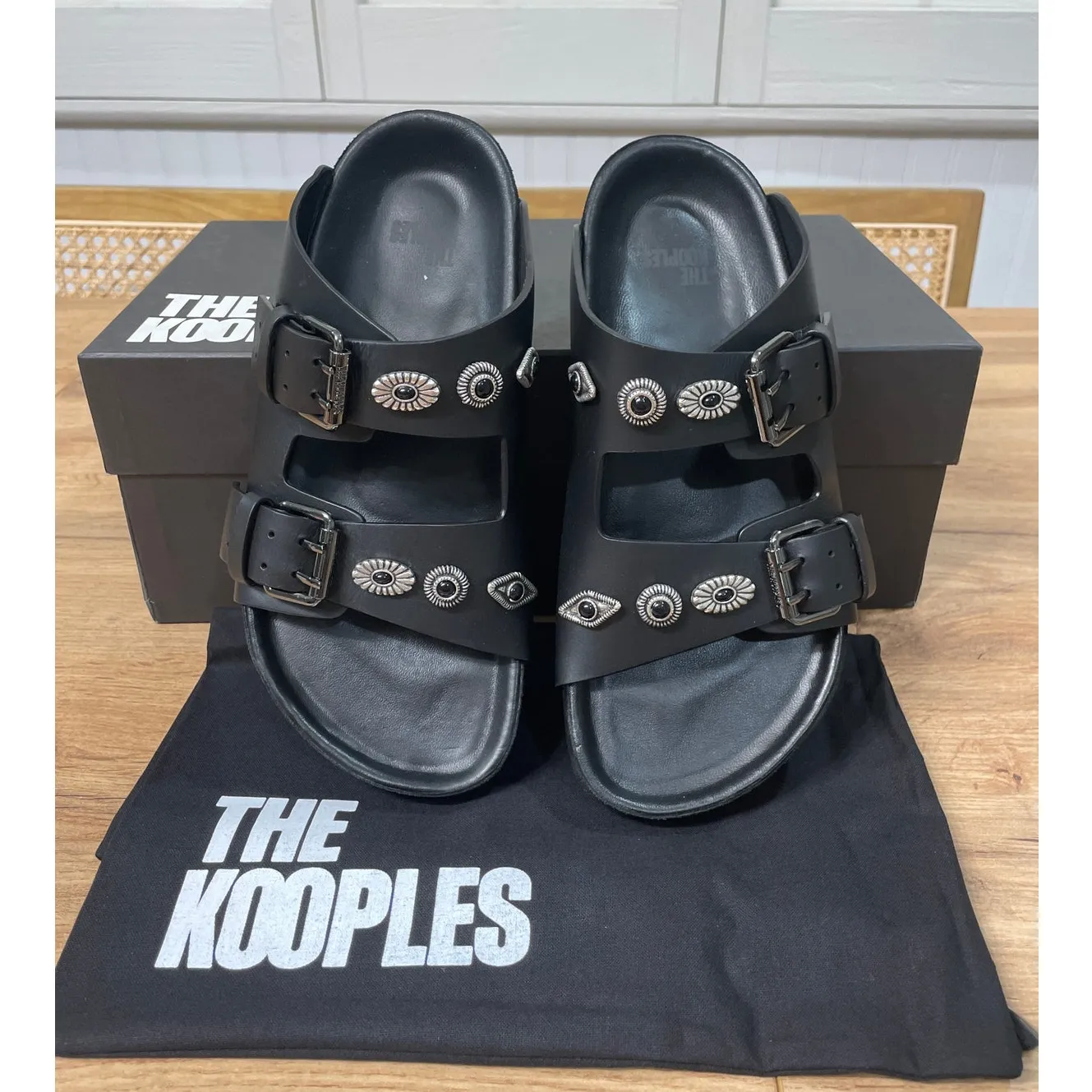 The Kooples Black Leather Buckled Sandals w/ Studs Size 5 US 36 EU NIB Slides - Image 4