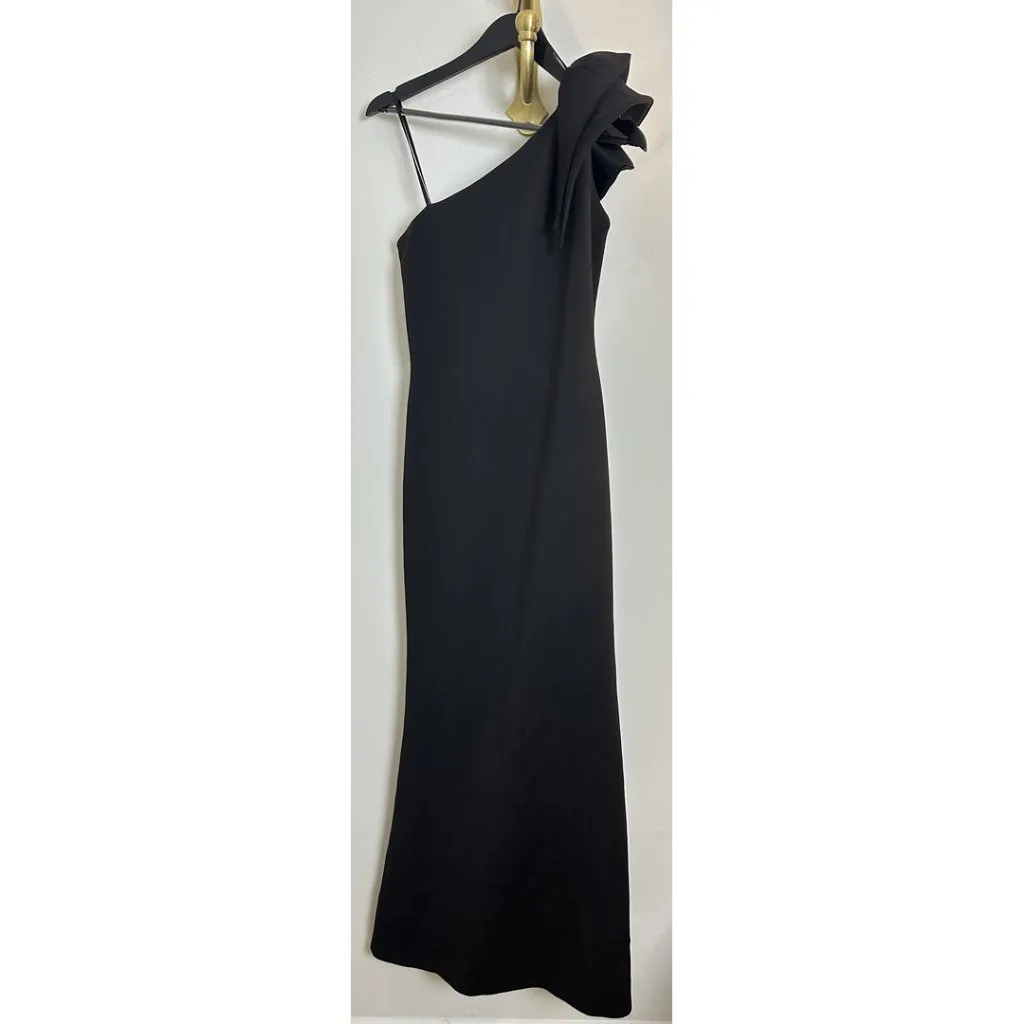 BETSY & ADAM Daisy Long Scuba Crepe One Shoulder Dress in Black Size US 8 - Image 4