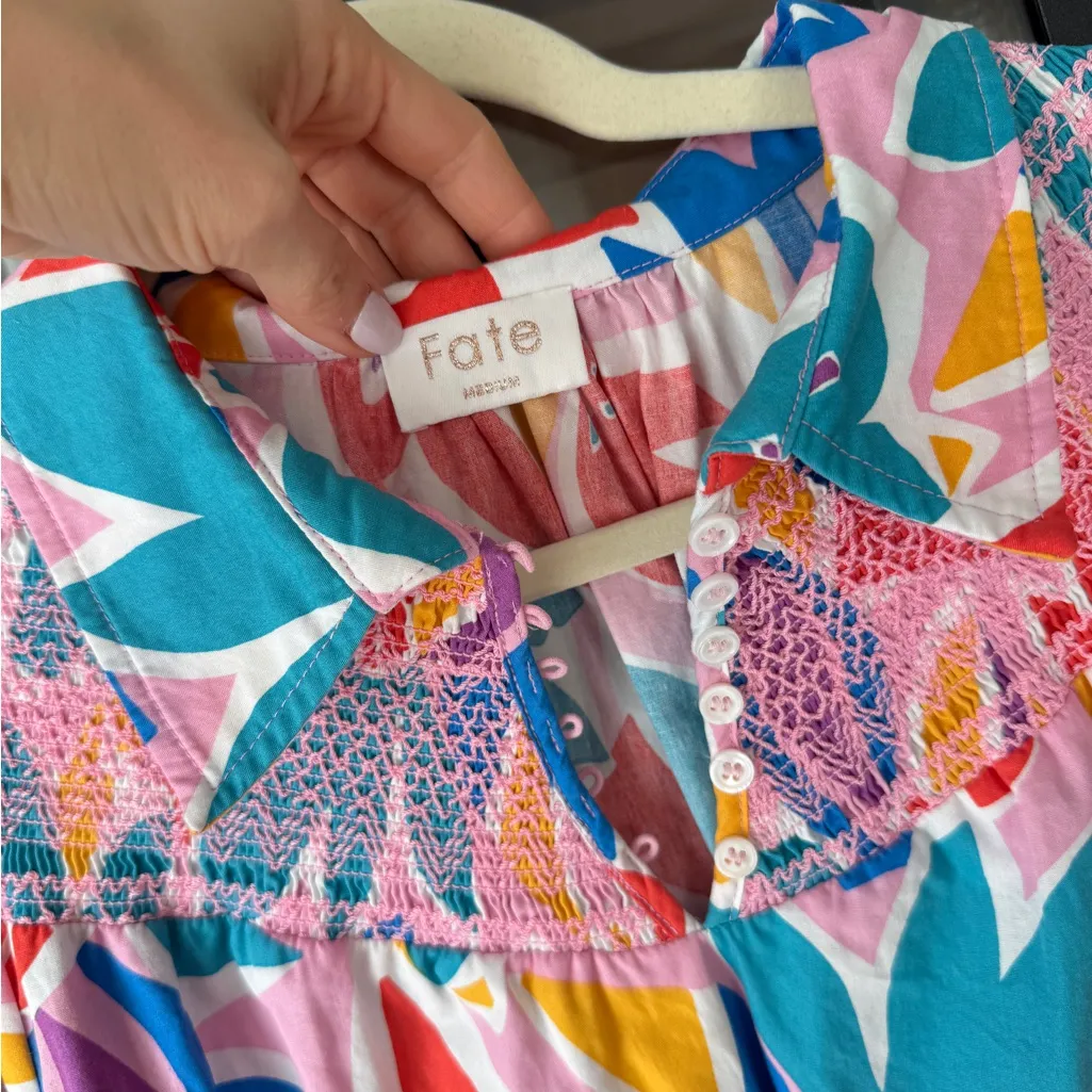 Fate smocked mini dress colorful print collar pockets 3/4 long sleeve floral Pink Size M - Image 4