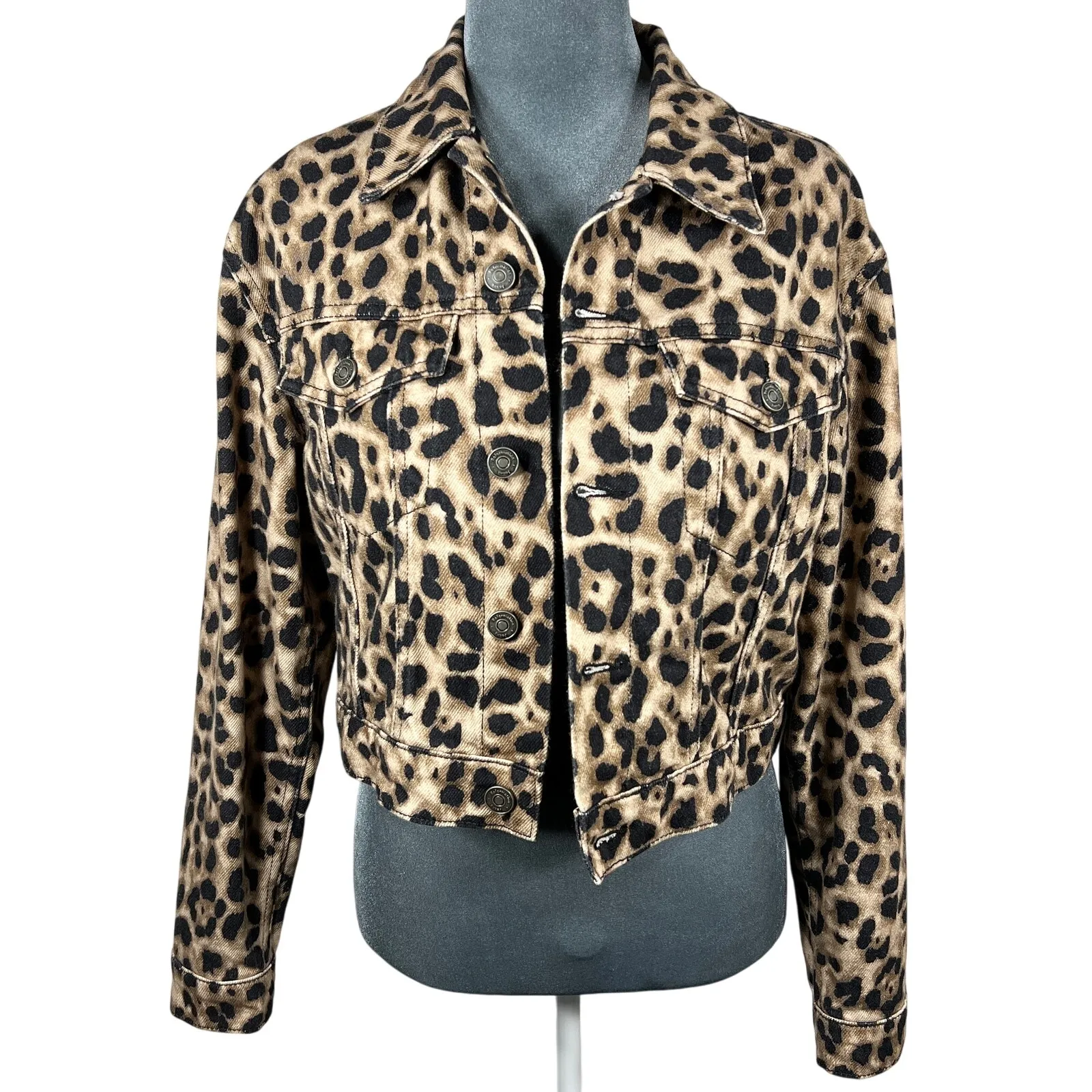 Reformation Leopard Print Jean Jacket Small Tan/Black Trucker Denim Boho Mobwife - Image 2